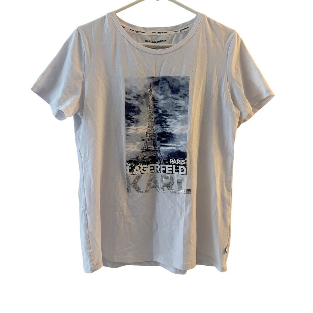 KARL LAGERFELD Women's Paris Rhinestone Eiffel Tower White T-Shirt Medium NWOT